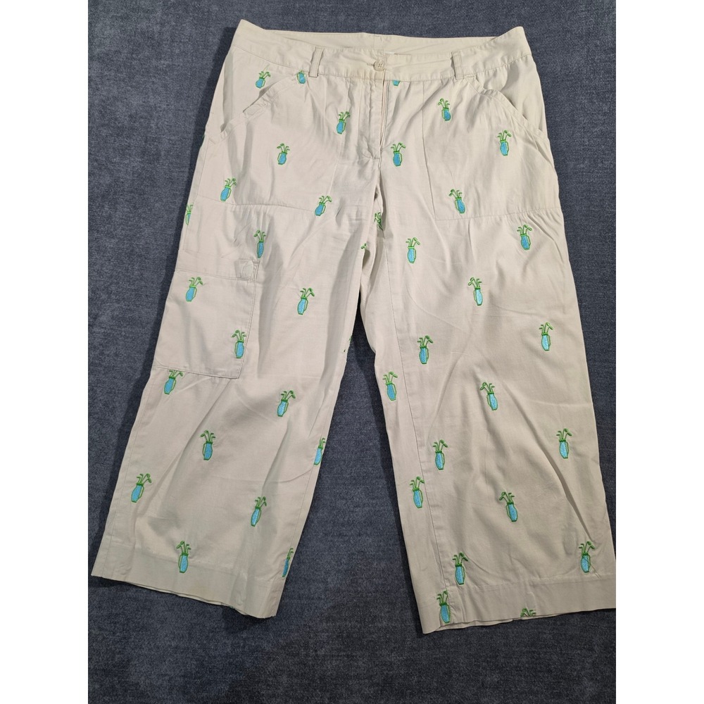 Lilly Pulitzer Women Khaki Tan Golf Bag Embroidered Cropped Pants Size 8 Preppy